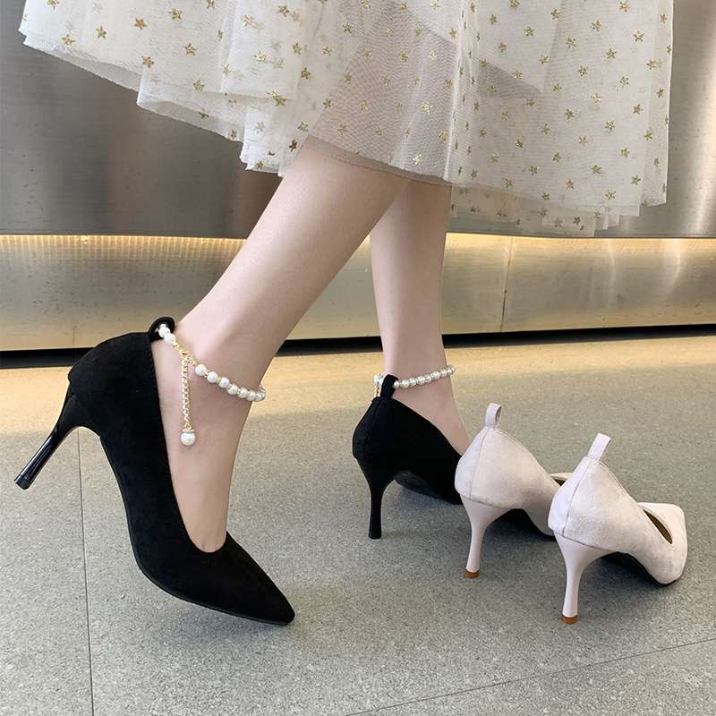 結婚式パンプス 上品パールチェーン細ヒールパンプス