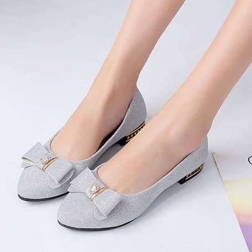 結婚式パンプス エレガントリボン輝きホワイトフラット