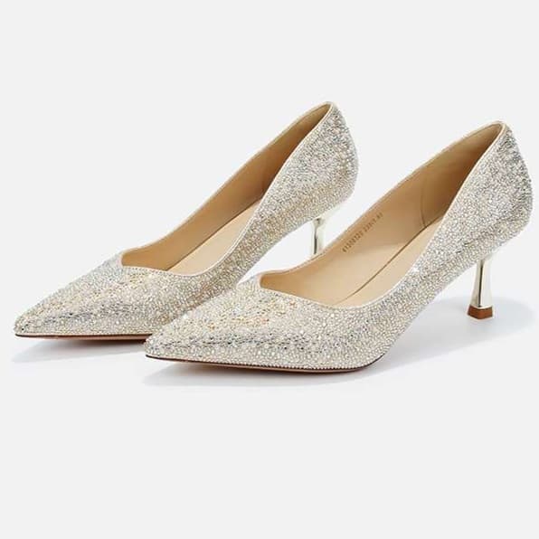 結婚式パンプス シルバーグリッター華奢ピンヒール