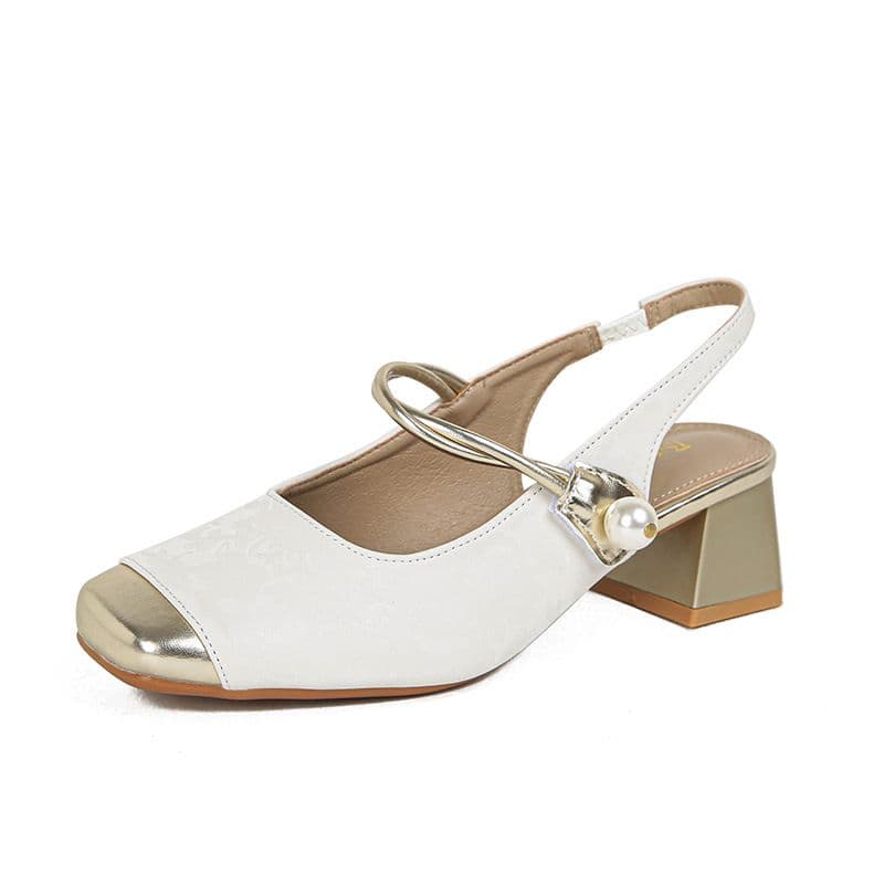 エレガントパールストラップ スクエアローヒールパンプス