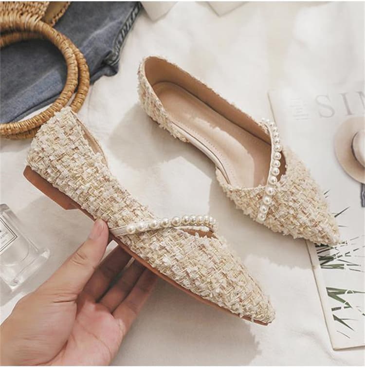 エレガントツイード パール飾り ローヒールパンプス