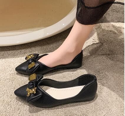 上品柔らかリボン付き結婚式ぺたんこパンプス