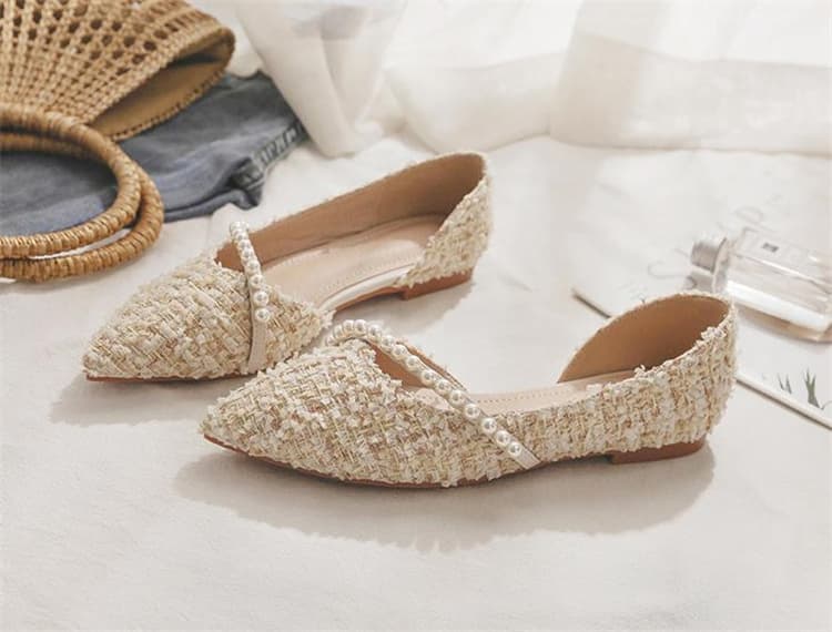 エレガントツイード パール飾り ローヒールパンプス