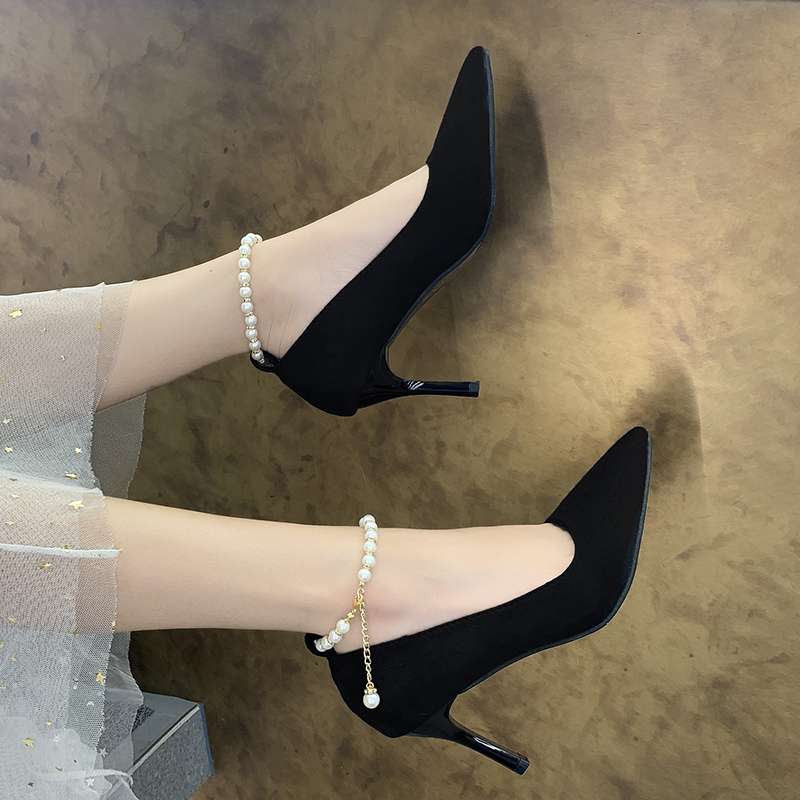 結婚式パンプス 上品パールチェーン細ヒールパンプス