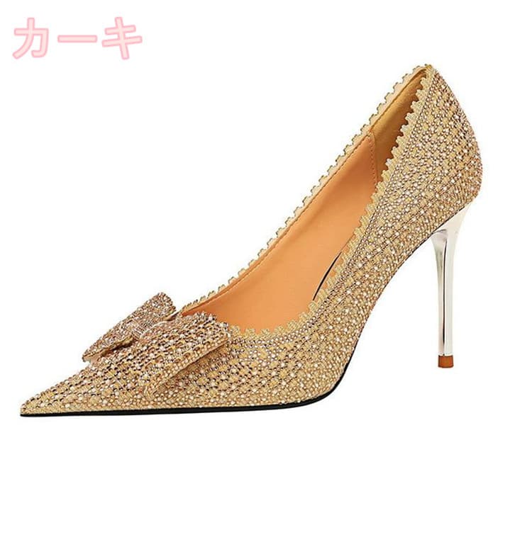 結婚式パンプス 上品ラメ蝶結びピンヒール