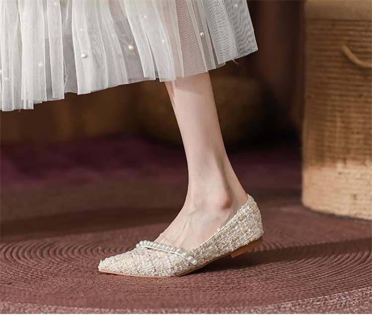 エレガントツイード パール飾り ローヒールパンプス