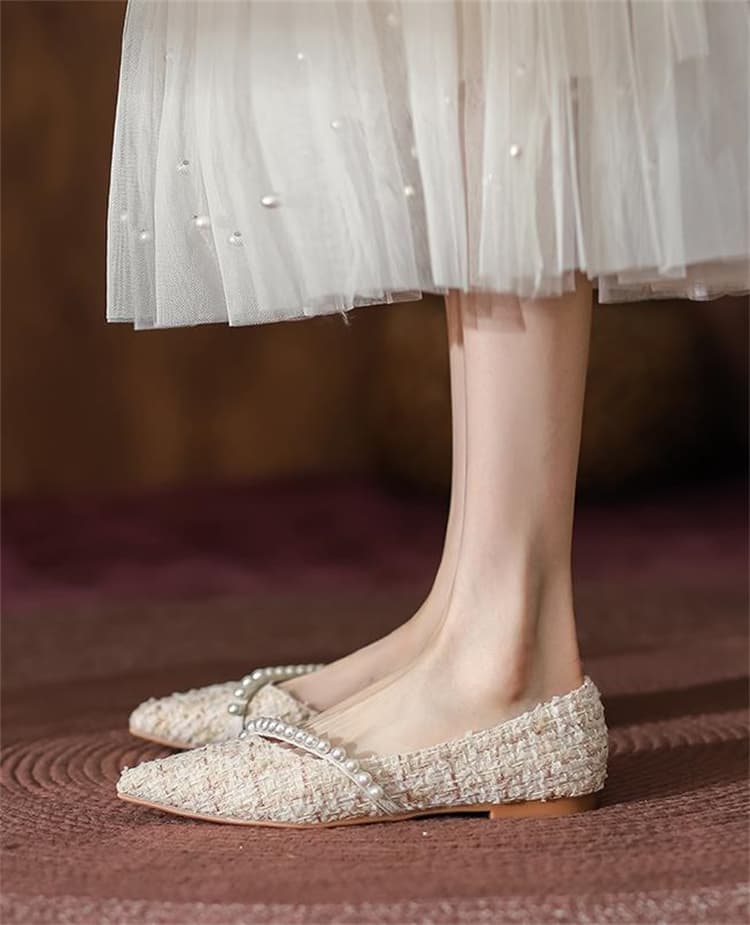 エレガントツイード パール飾り ローヒールパンプス