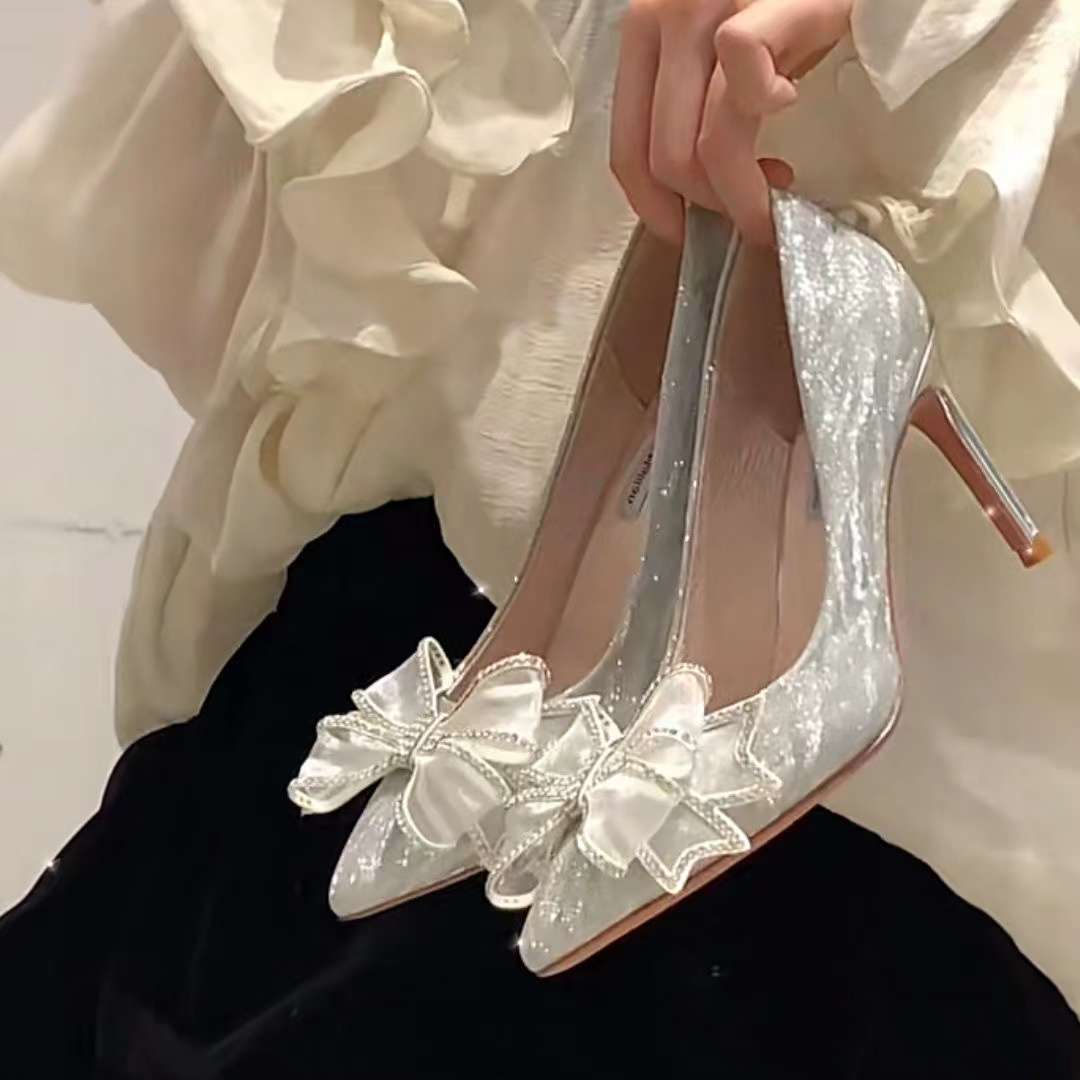 結婚式パンプス エレガント煌めくシースルーリボンパンプス