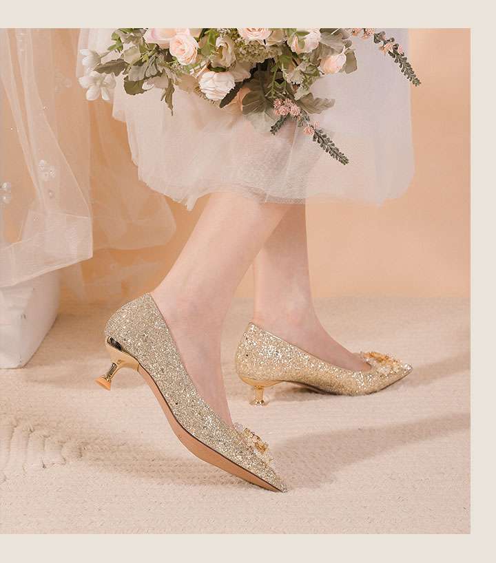 結婚式パンプス ゴールドラメ煌めき エレガントピンヒール