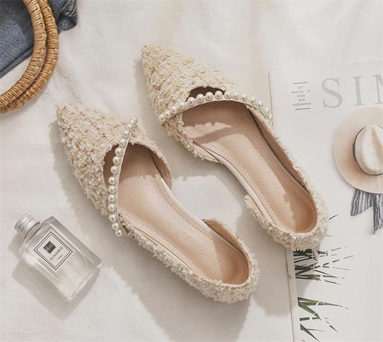 エレガントツイード パール飾り ローヒールパンプス