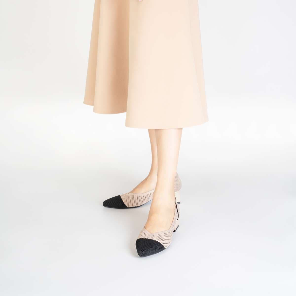 上品メッシュ×バイカラー快適ローヒールパンプス