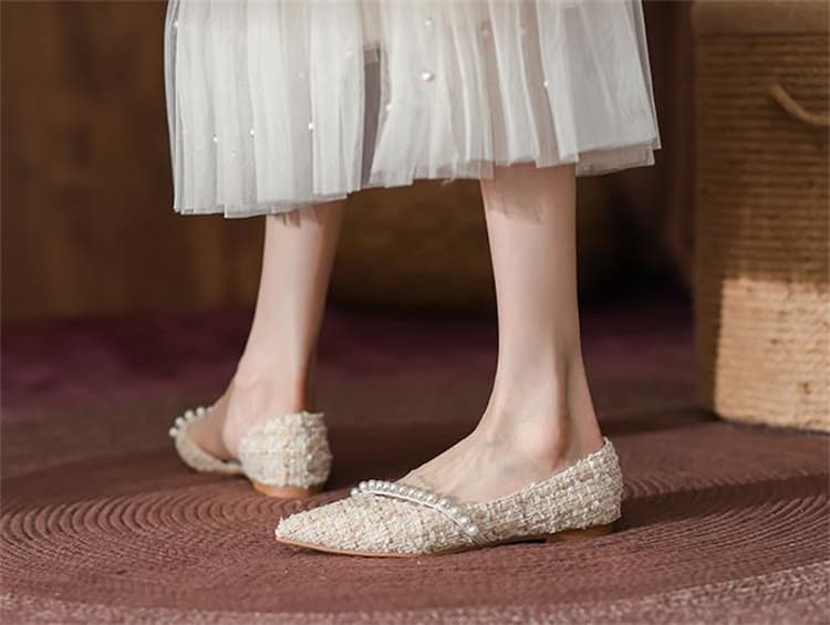 エレガントツイード パール飾り ローヒールパンプス