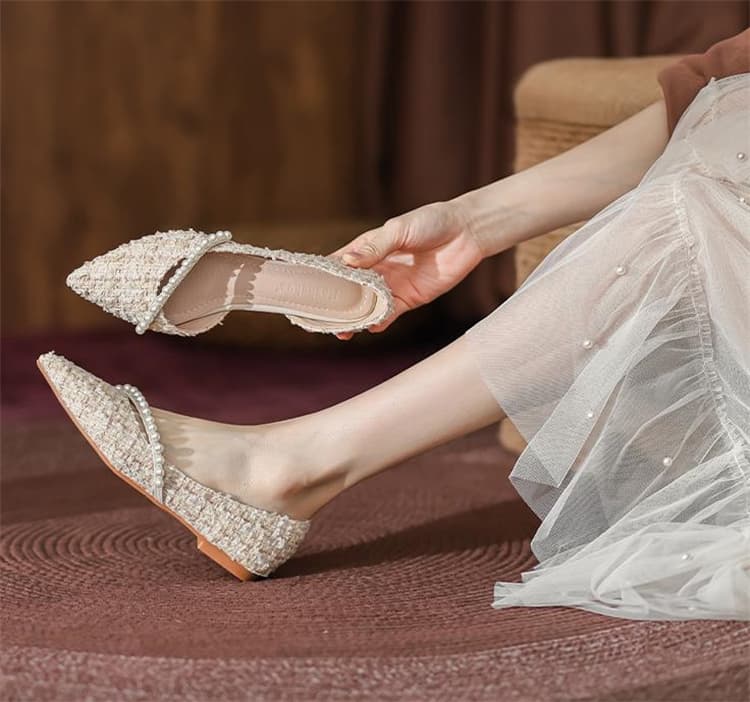 エレガントツイード パール飾り ローヒールパンプス