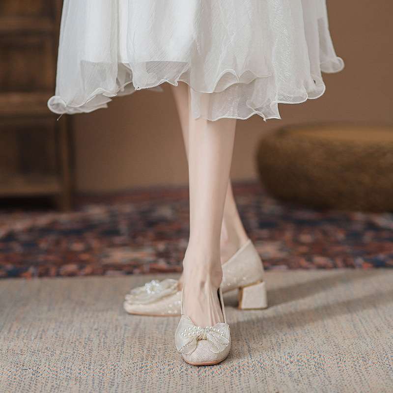 エレガントパールリボン ホワイトパンプス