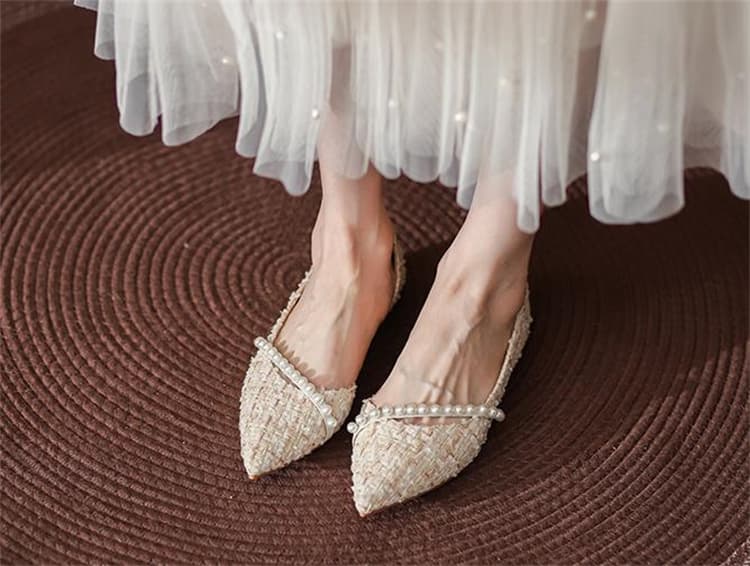 エレガントツイード パール飾り ローヒールパンプス