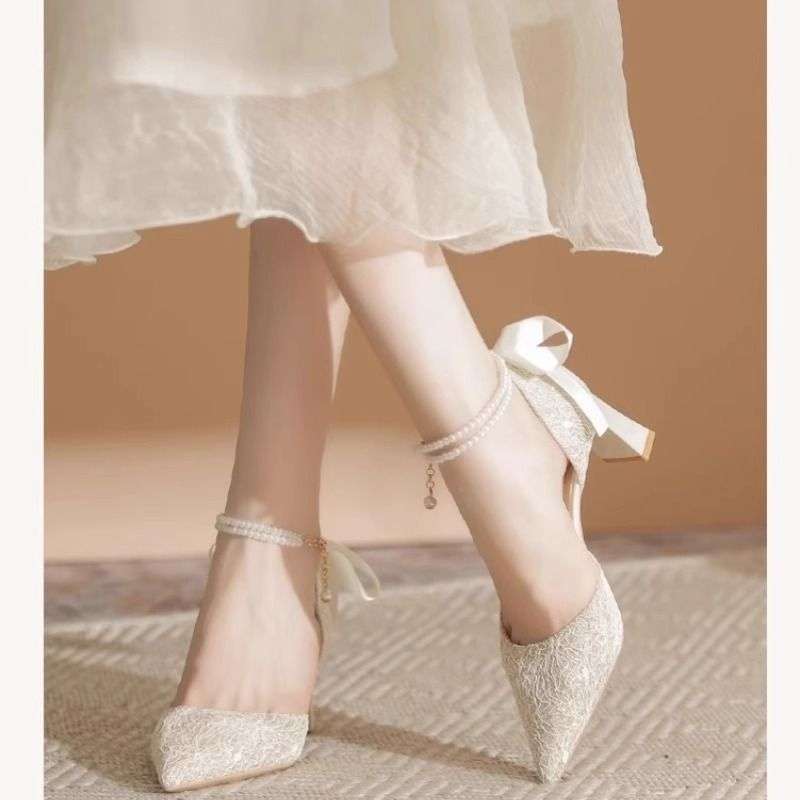 結婚式パンプス エレガントレース×パールリボン厚底パンプス