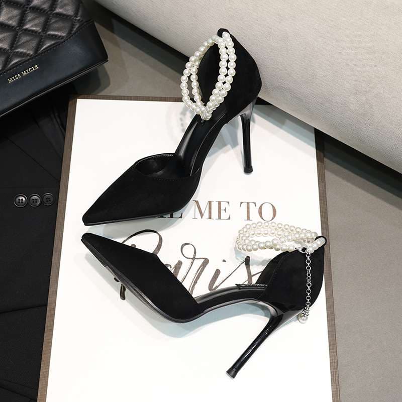 エレガントパールチェーン華奢ヒールパンプス