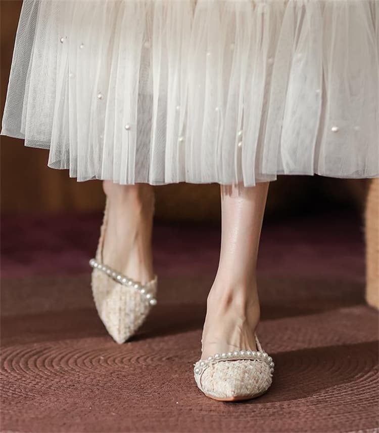 エレガントツイード パール飾り ローヒールパンプス