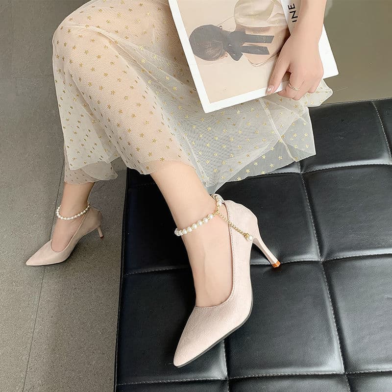 結婚式パンプス 上品パールチェーン細ヒールパンプス