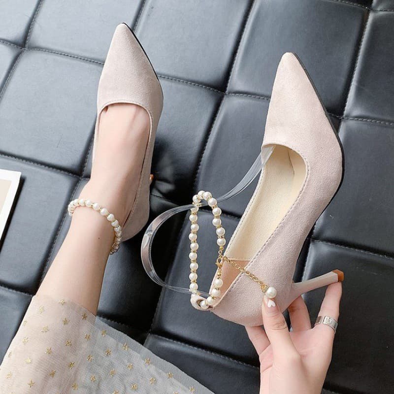 結婚式パンプス 上品パールチェーン細ヒールパンプス