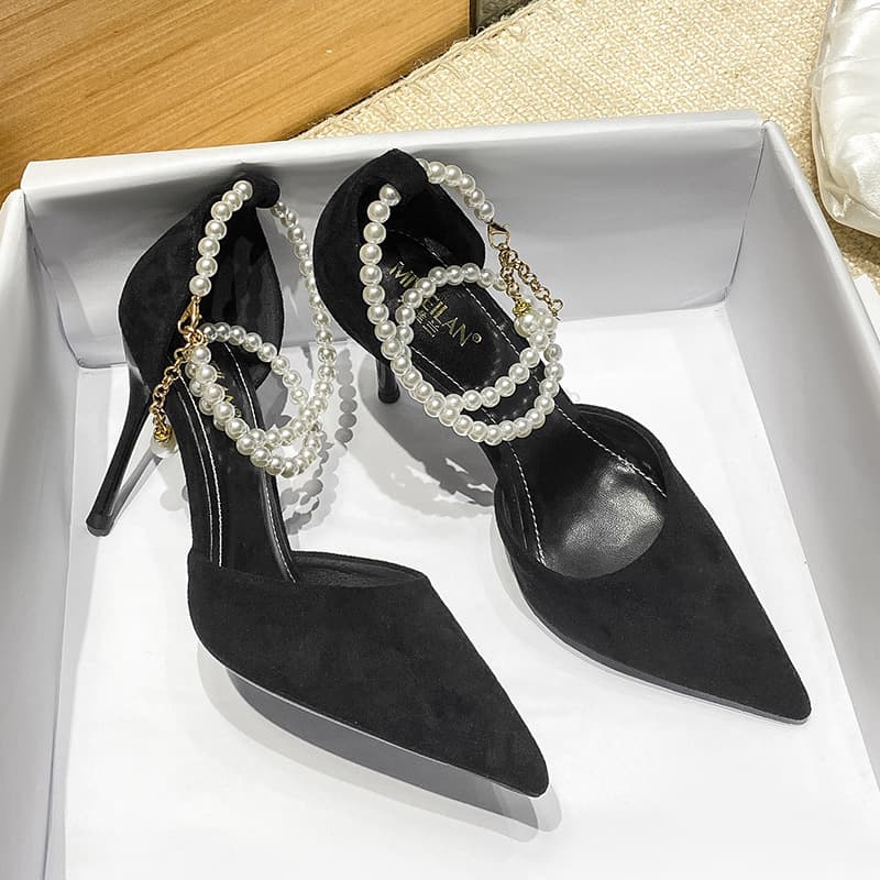 エレガントパールチェーン華奢ヒールパンプス