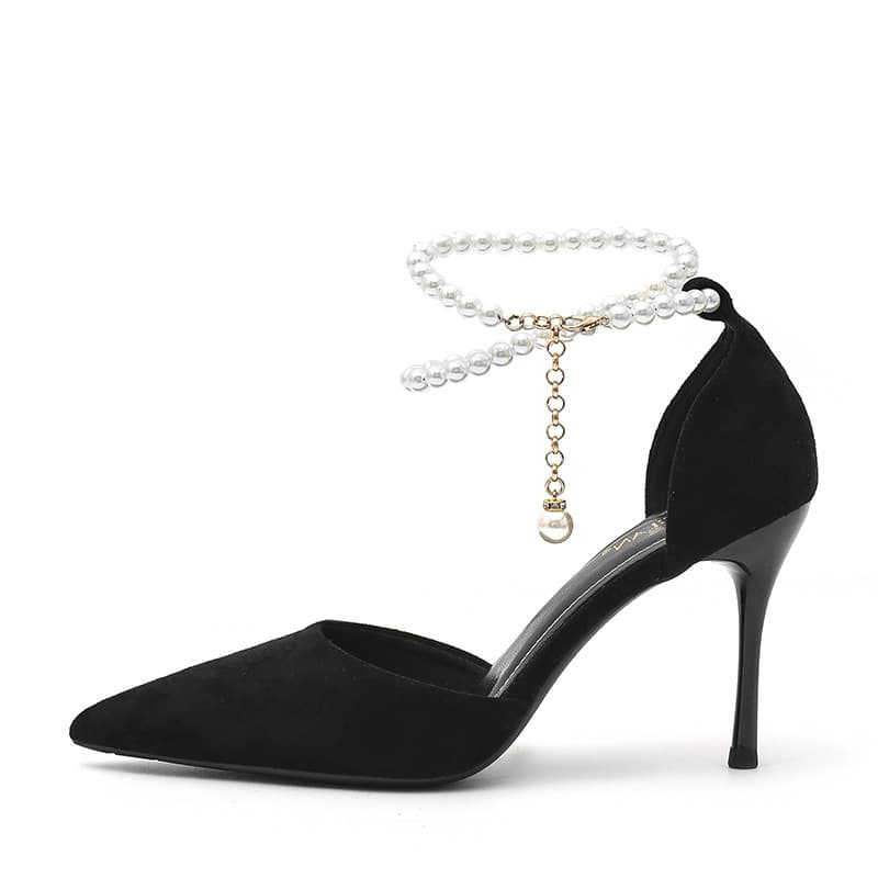 エレガントパールチェーン華奢ヒールパンプス