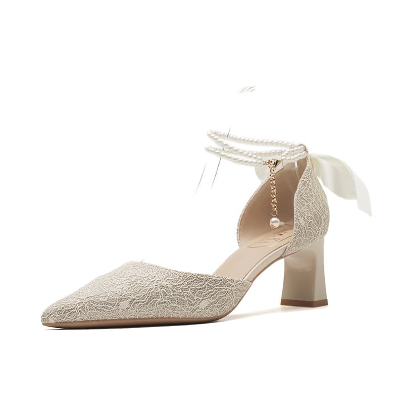 結婚式パンプス エレガントレース×パールリボン厚底パンプス