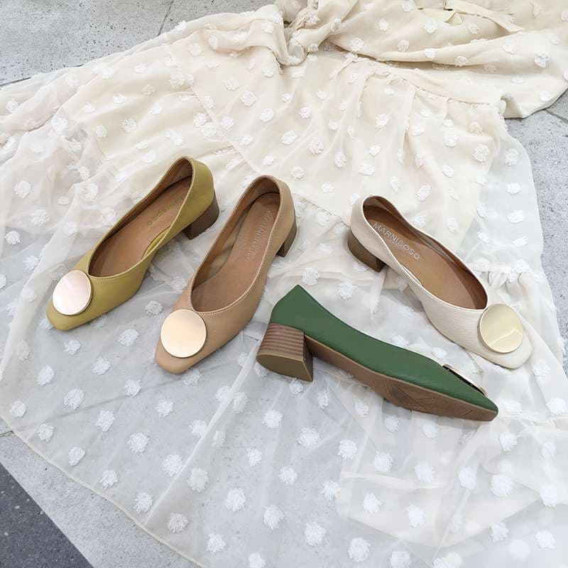 パステルスクエアリボン ローヒールパンプス